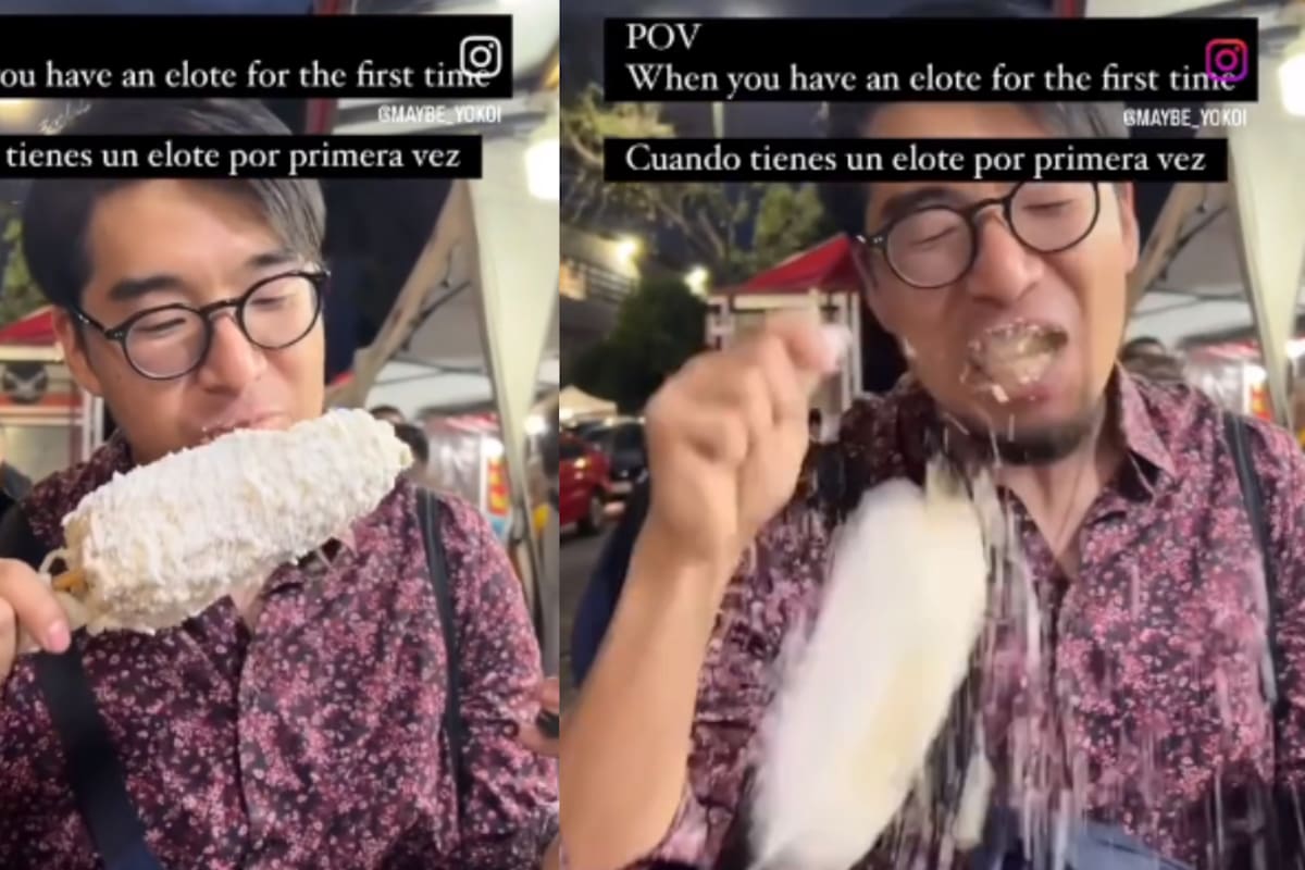 Joven japonés vive triste escena al intentar comer por primera vez un elote en México | VIDEO