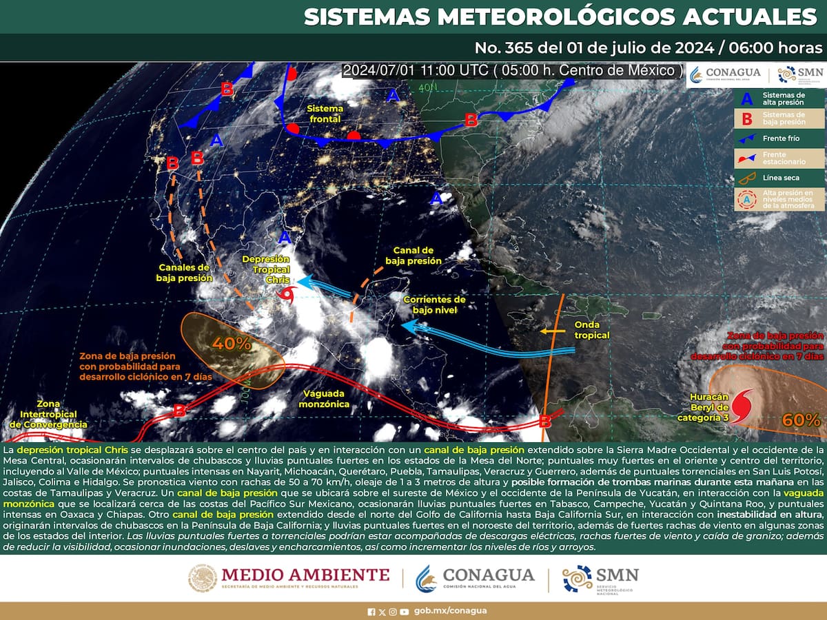 Imagen satelital de los sistemas climáticos que harán presencia este 1 de julio en México.