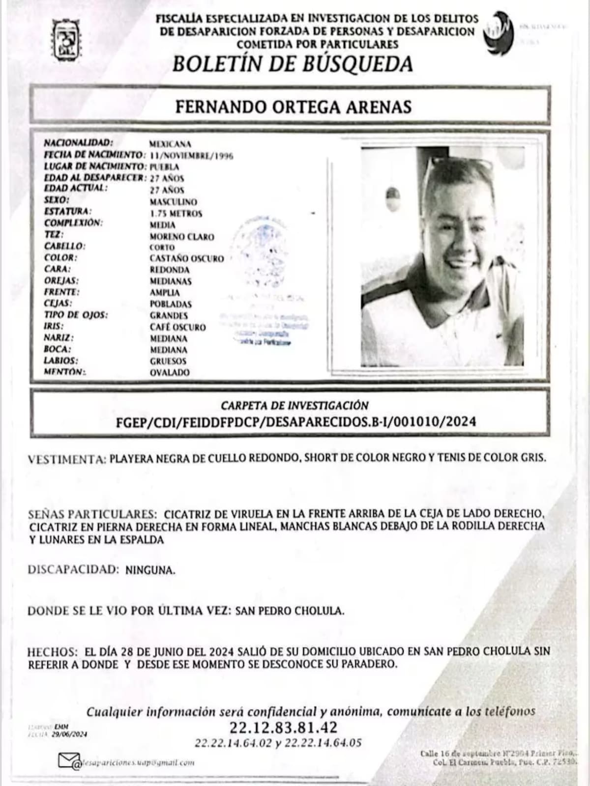 Ficha de búsqueda de DimeYao, emitida por FGE de Puebla.