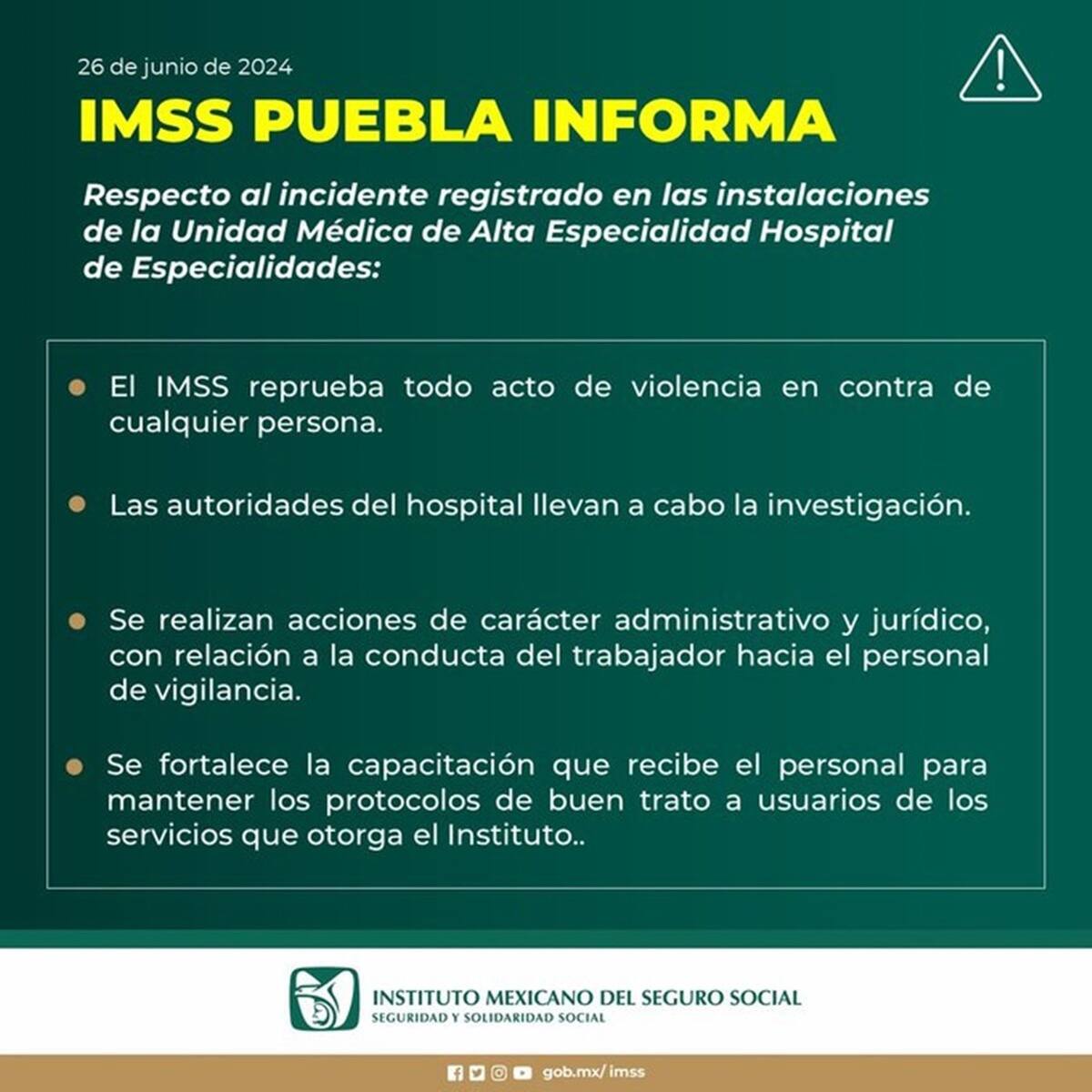 El IMSS Puebla emitió un comunicado por la agresión del enfermero a un guardia en uno de sus hospitales. | Especial