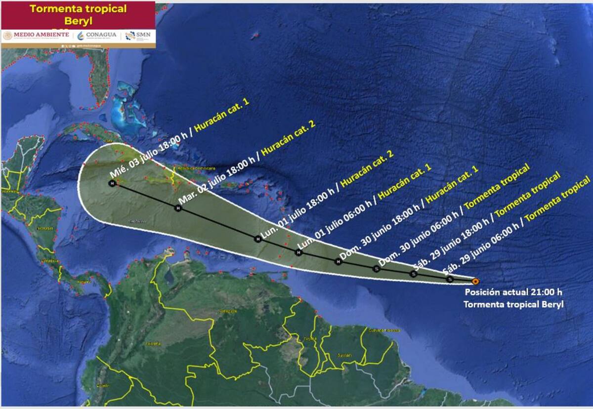 Esta sería la trayectoria de la tormenta tropical Beryl por México que Conagua pronostica. | Conagua