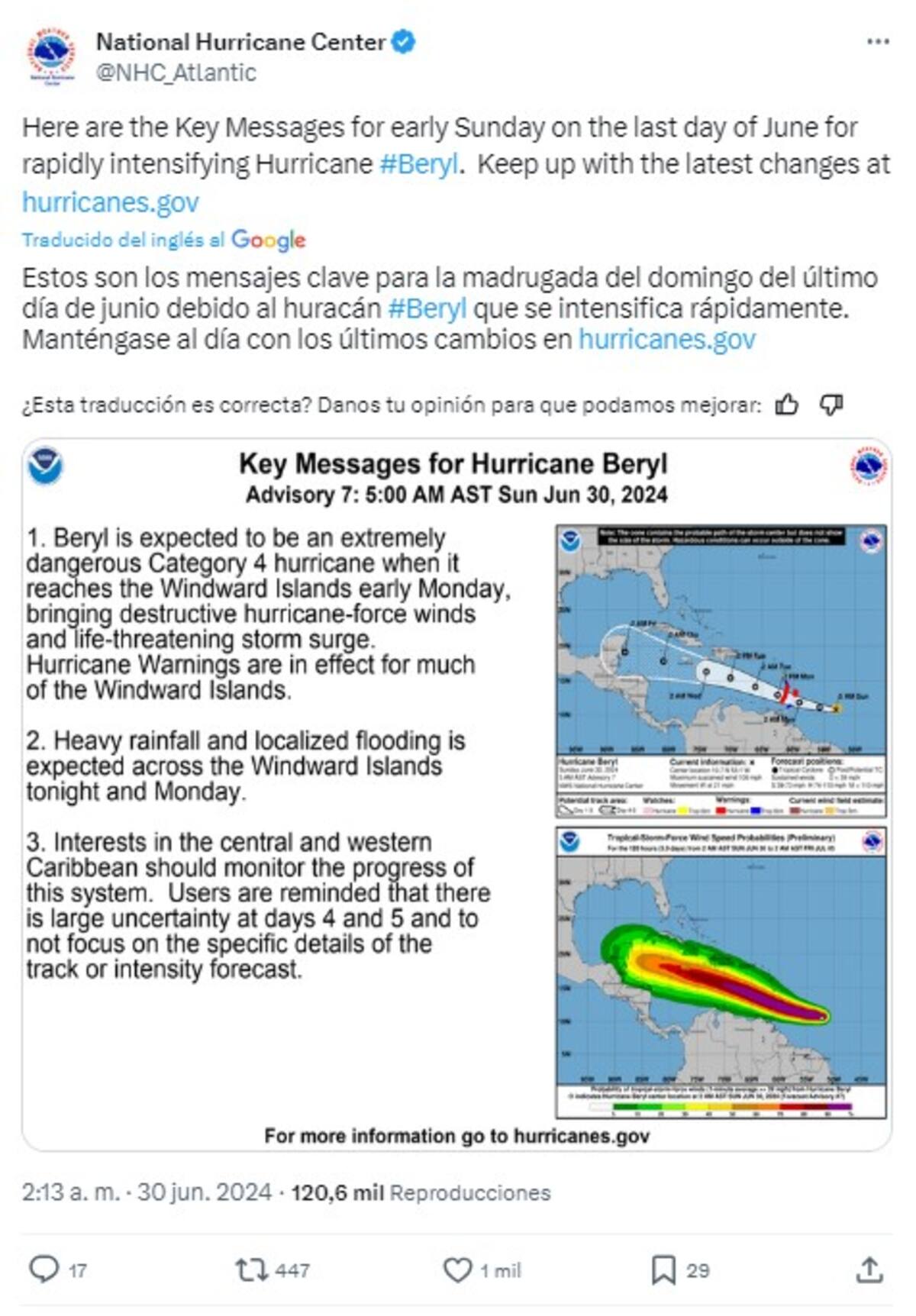 El mensaje del NHC sobre Beryl al iniciar este domingo, se prevé que en el día se convierta en "huracán importante".