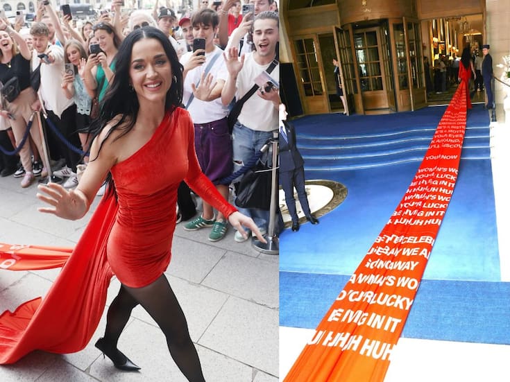 Katy Perry sorprende usando un vestido rojo de Balenciaga con una cola de 200 metros de largo