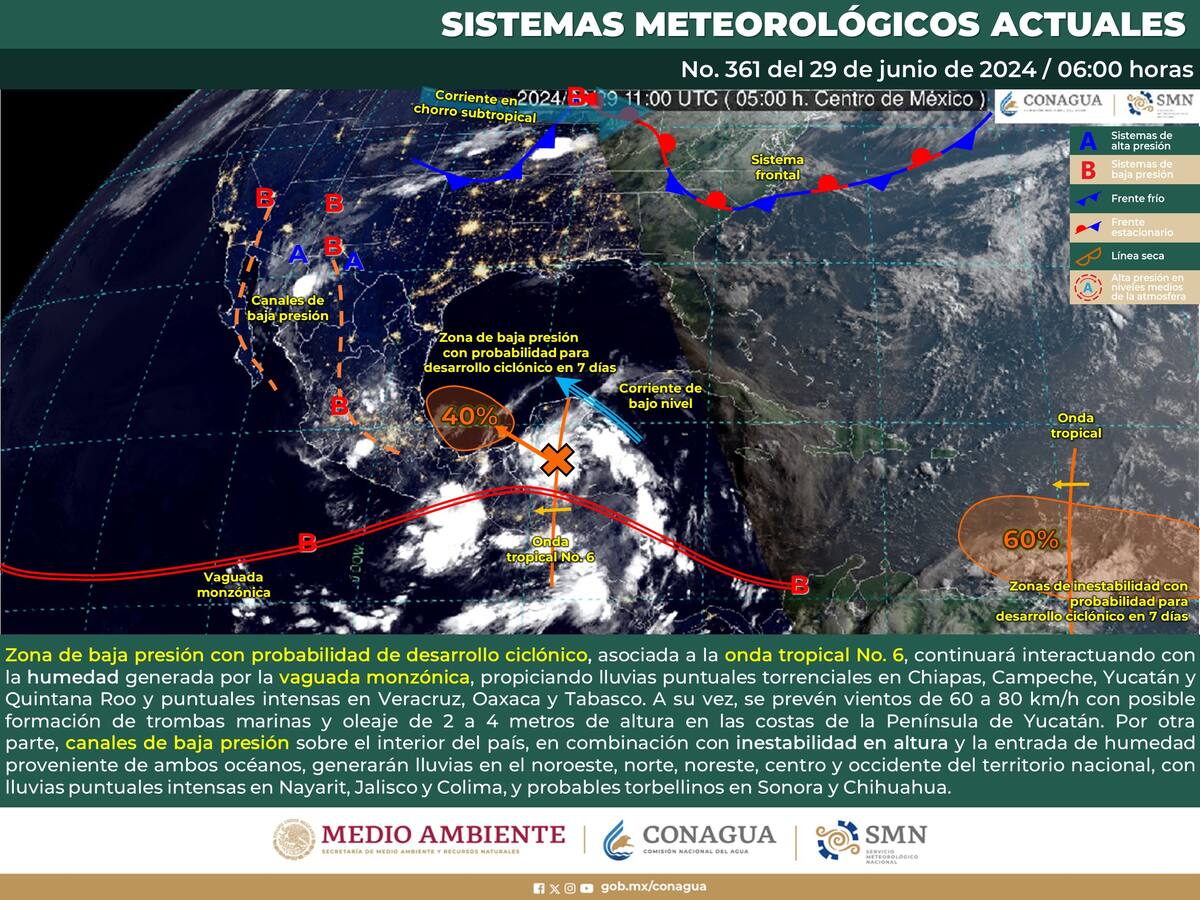 Imagen muestra los fenómenos climáticos que harán presencia en México durante este sábado 29 de junio.