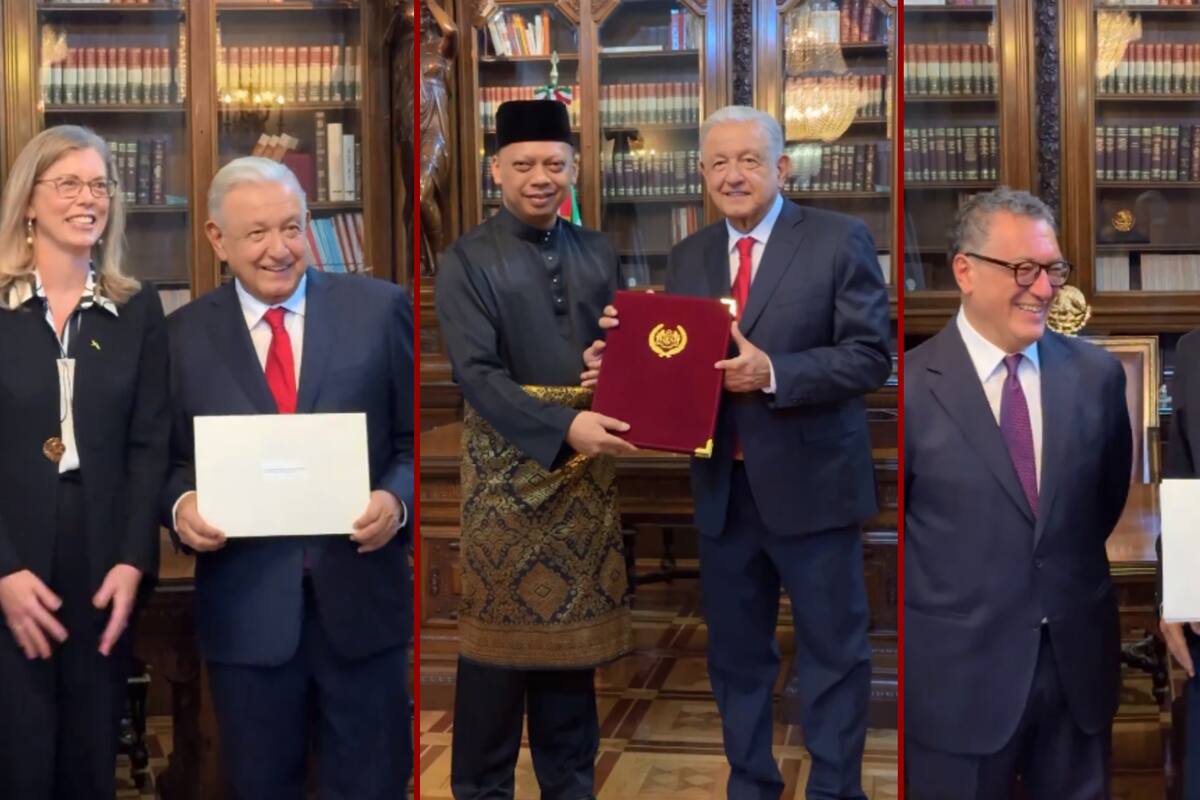 AMLO recibe cartas credenciales de 14 nuevos embajadores en Palacio Nacional