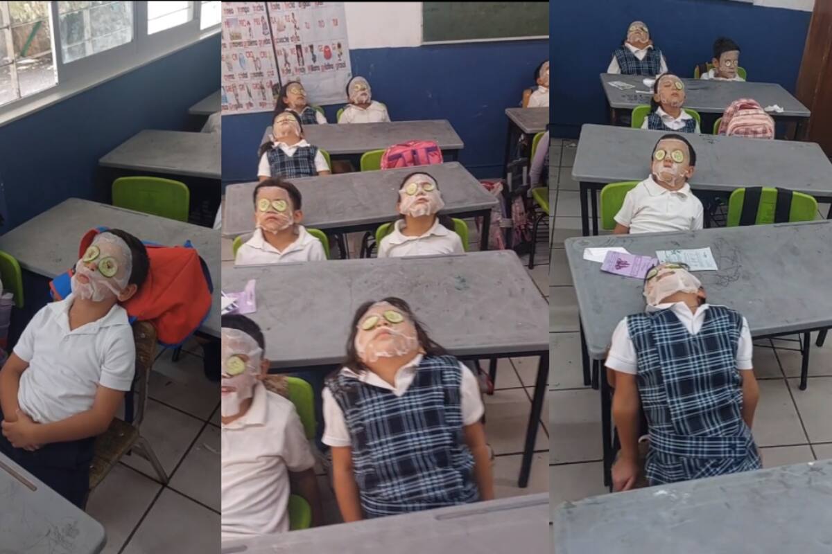 Para soportar el calor, una profesora le pone mascarillas faciales a sus pequeños alumnos | VIDEO