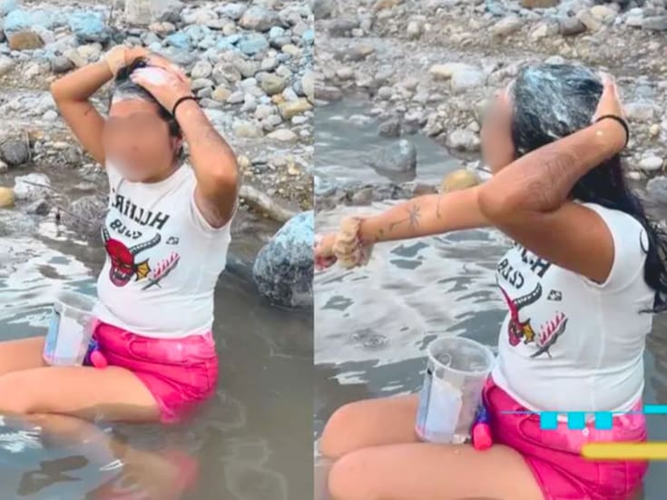 VIDEO: Mujer regia se baña en río Santa Catarina ante falta de agua en Monterrey