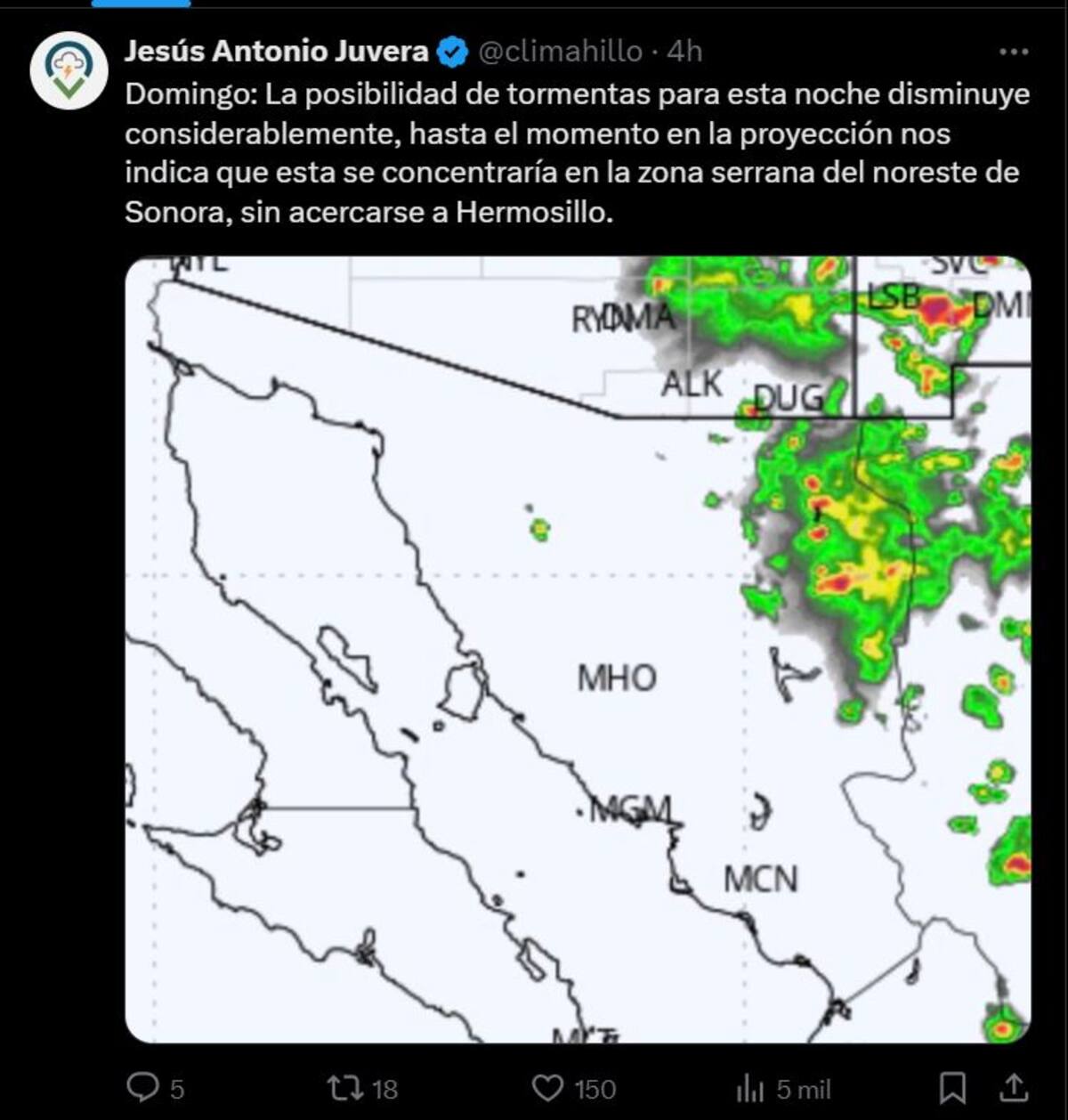 Imagen del mapa de Sonora y donde podría llover.