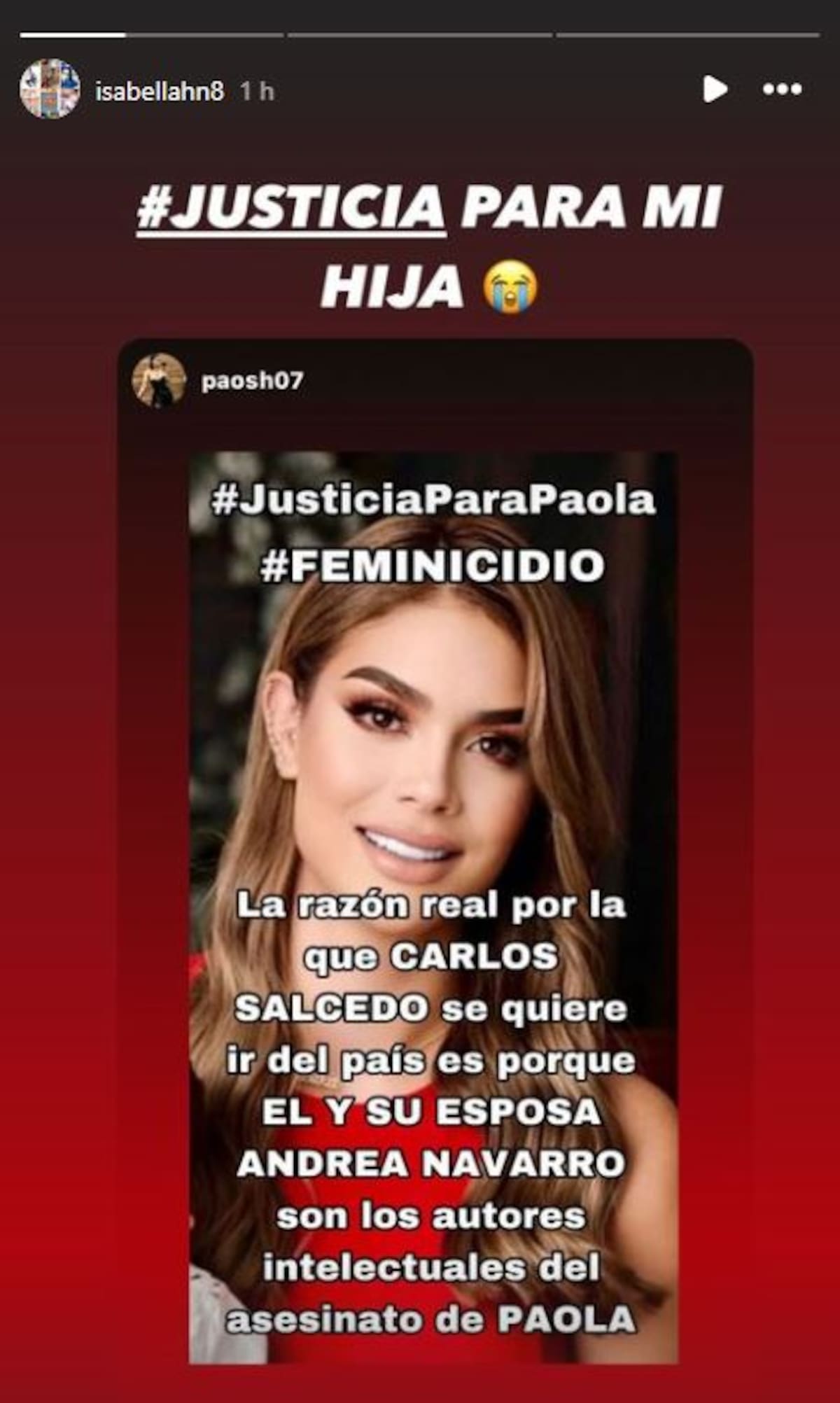 La madre de Carlos Salcedo compartió una historia en su cuenta de Instagram, acusando al futbolista de ser el autor intelectual del asesinato de Paola Salcedo / Foto: @Isbaellahd8