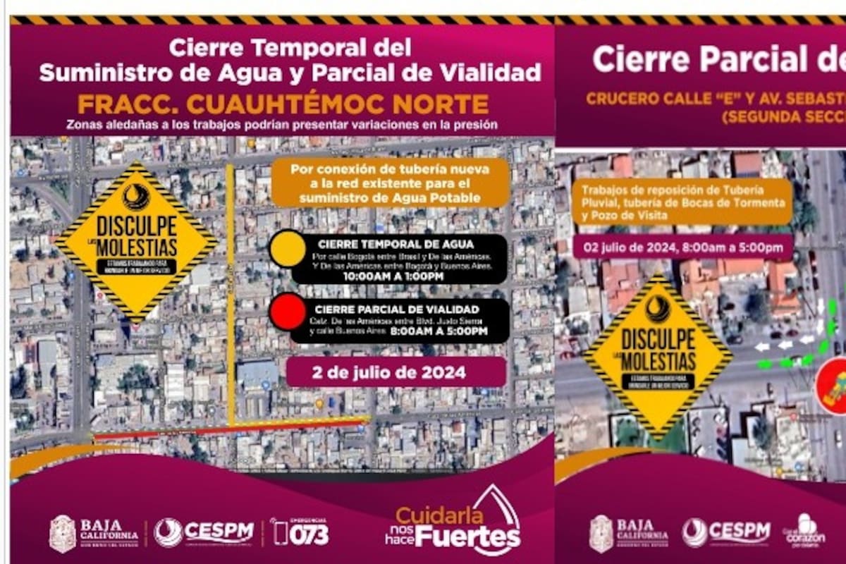 CESPM : Anuncia cierre temporal de suministro de agua y vialidad en Fraccionamiento Cuauhtémoc Norte, Colonia Industrial y Segunda Sección