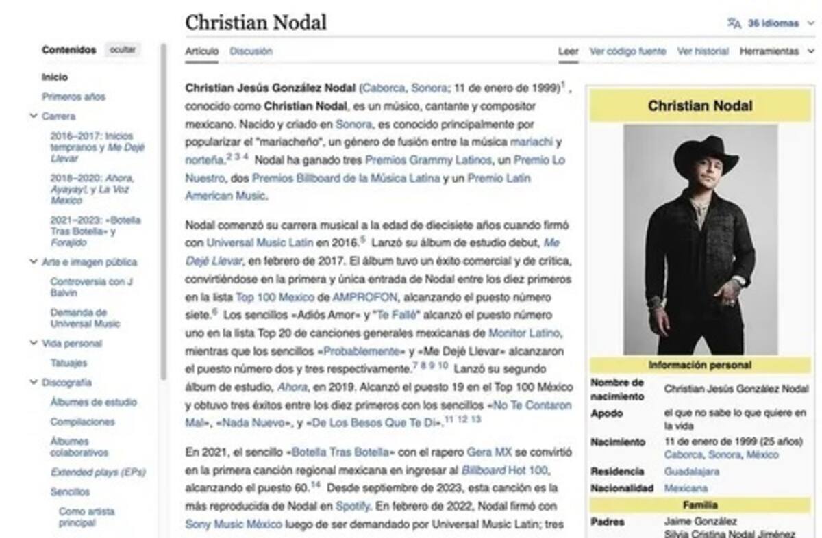 Editan el apodo de Nodal en su página de Wikipedia
