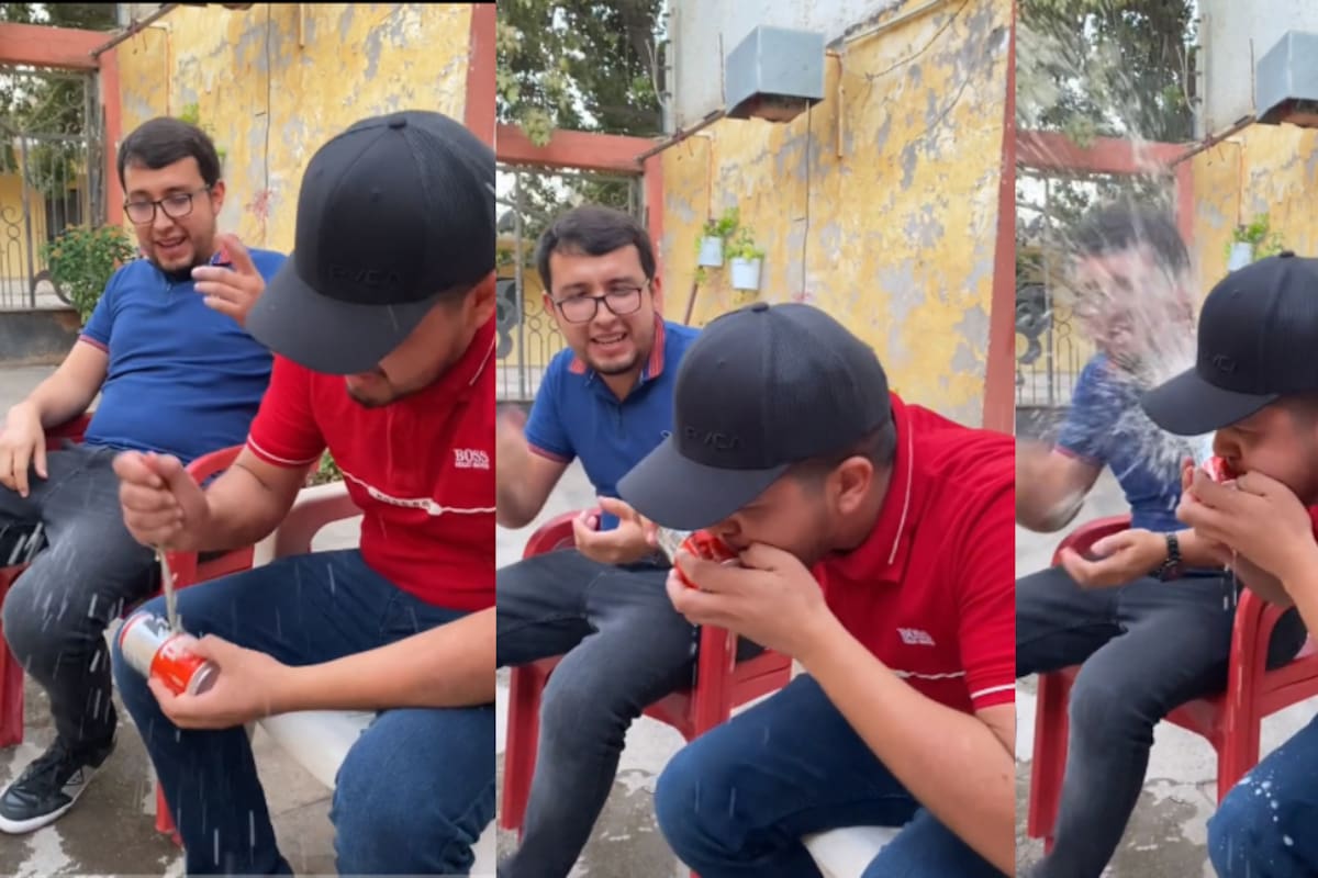 VIDEO: joven intenta beber cerveza al agujerear la lata, pero termina escupiendo a su amigo